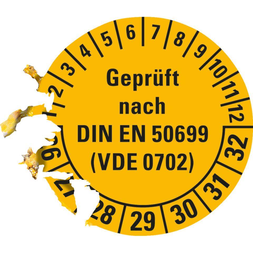 Prüfplakette geprüft nach DIN EN 50699(VDE 0702) 26-32, gelb, Dokumentenfolie, Ø 30mm, 18/Bogen