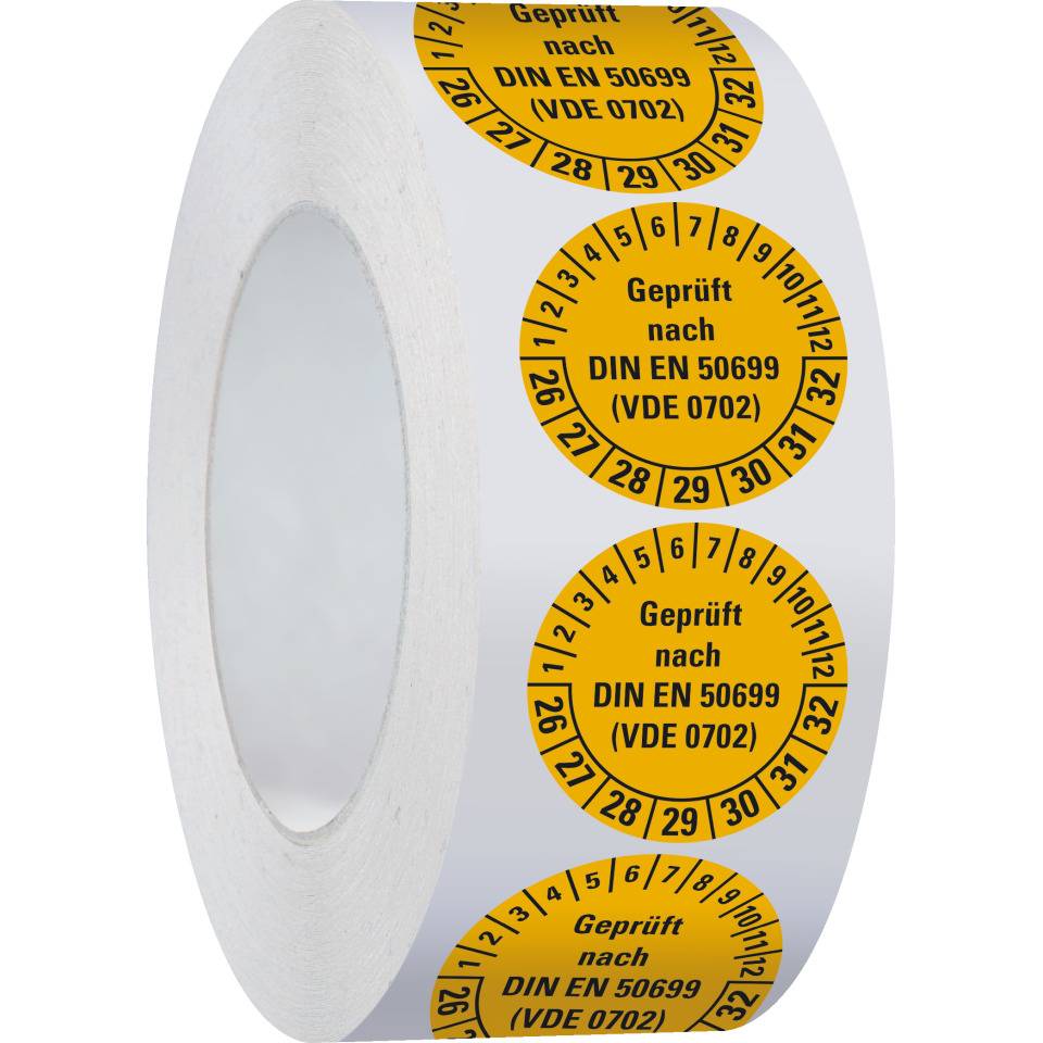 Prüfplakette geprüft nach DIN EN 50699(VDE 0702) 26-32, gelb, Dokumentenfolie, Ø 30mm, 500/Rolle