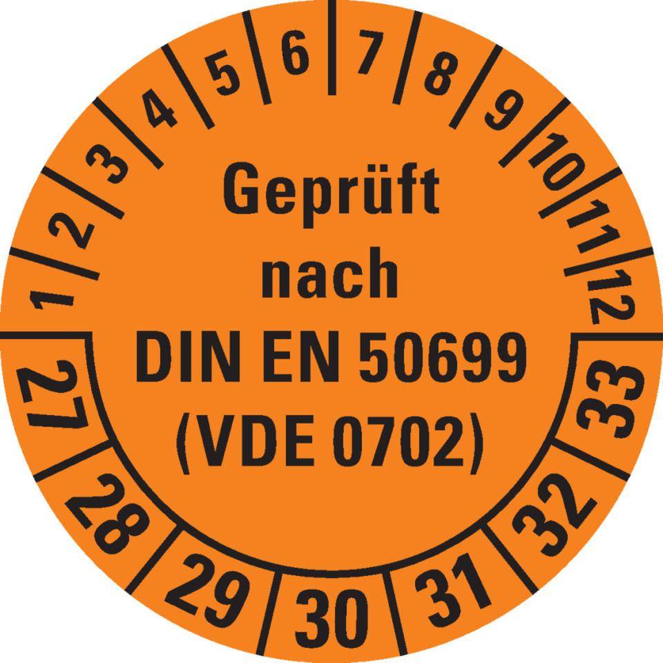 Prüfplakette geprüft nach DIN EN 50699(VDE0702) 27-33, orange, Dokumentenfolie, Ø30mm, 500/Rolle
