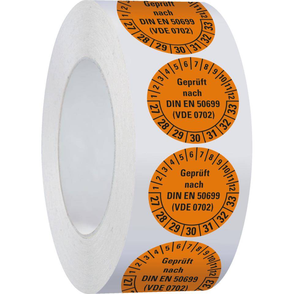 Prüfplakette geprüft nach DIN EN 50699(VDE0702) 27-33, orange, Dokumentenfolie, Ø30mm, 500/Rolle