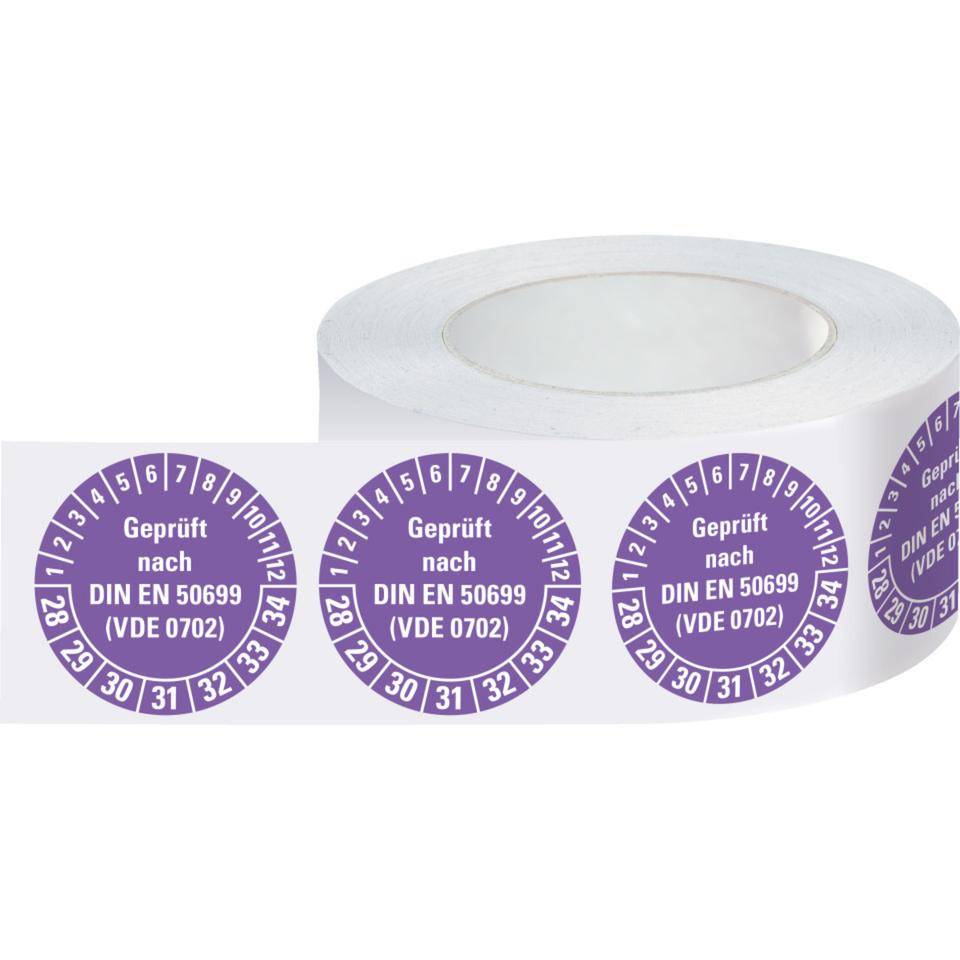 Prüfplakette Geprüft nach DIN EN 50699 (VDE0702) 28-34, violett,Dokumentenfolie, Ø30mm, 500/Rolle