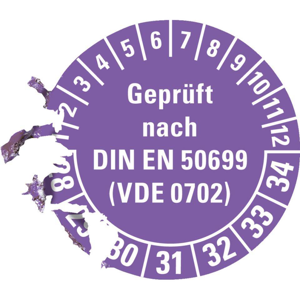 Prüfplakette Geprüft nach DIN EN 50699 (VDE0702) 28-34, violett,Dokumentenfolie, Ø30mm, 500/Rolle