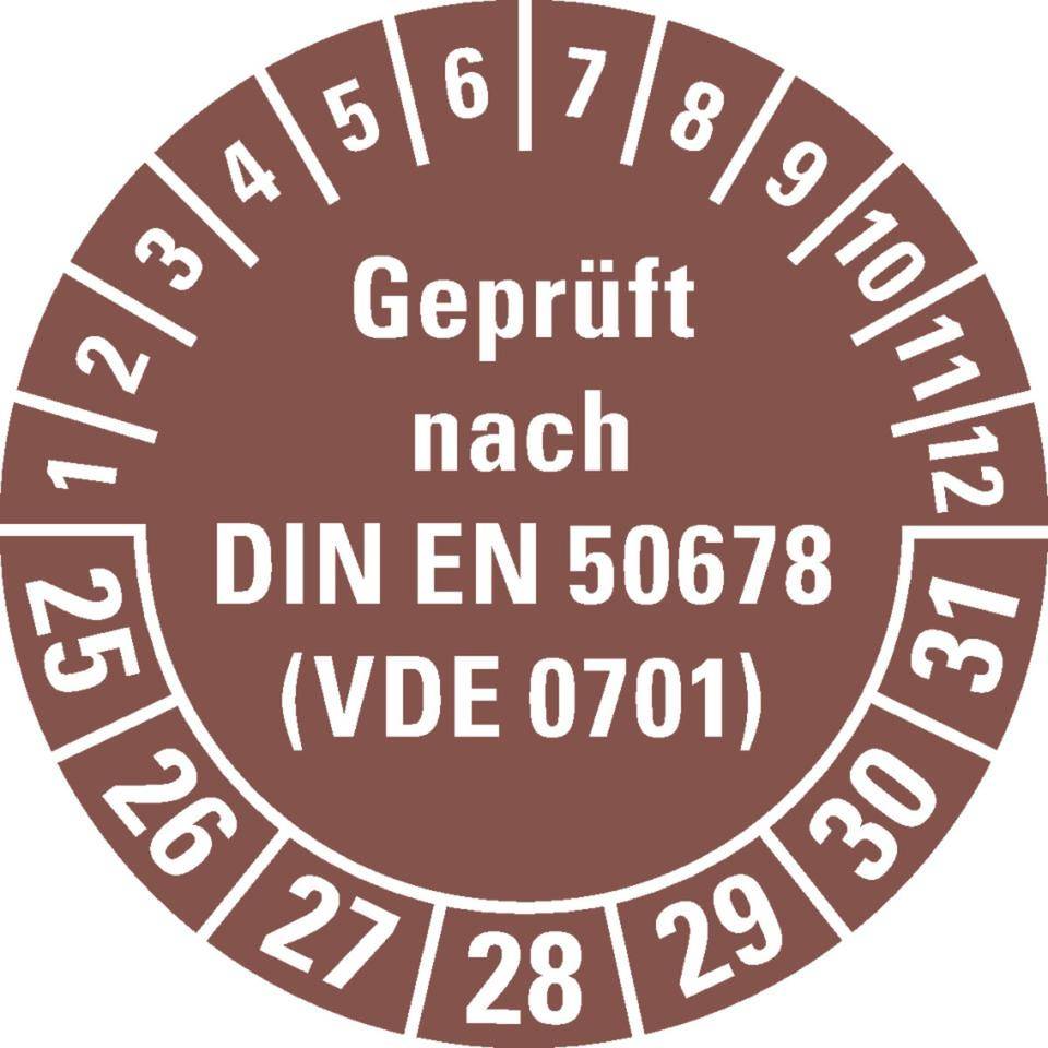 Prüfplakette geprüft nach DIN EN 50678(VDE 0701) 25-31, braun, Dokumentenfolie, Ø 30mm, 18/Bogen