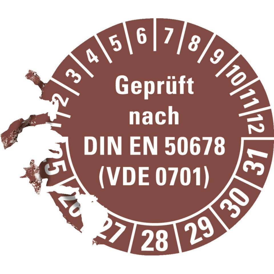 Prüfplakette geprüft nach DIN EN 50678(VDE 0701) 25-31, braun, Dokumentenfolie, Ø 30mm, 18/Bogen