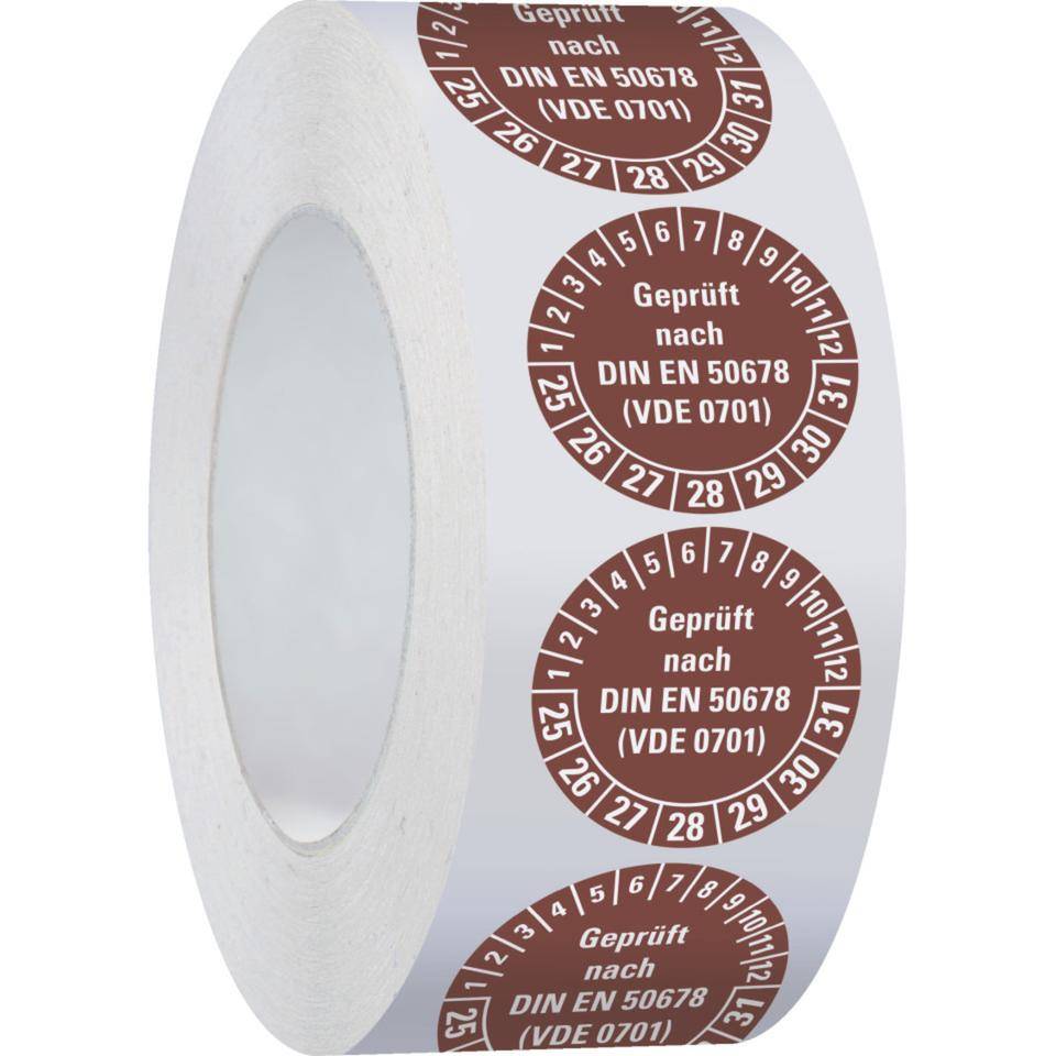 Prüfplakette geprüft nach DIN EN 50678(VDE 0701) 25-31, braun, Dokumentenfolie, Ø 30mm, 500/Roll