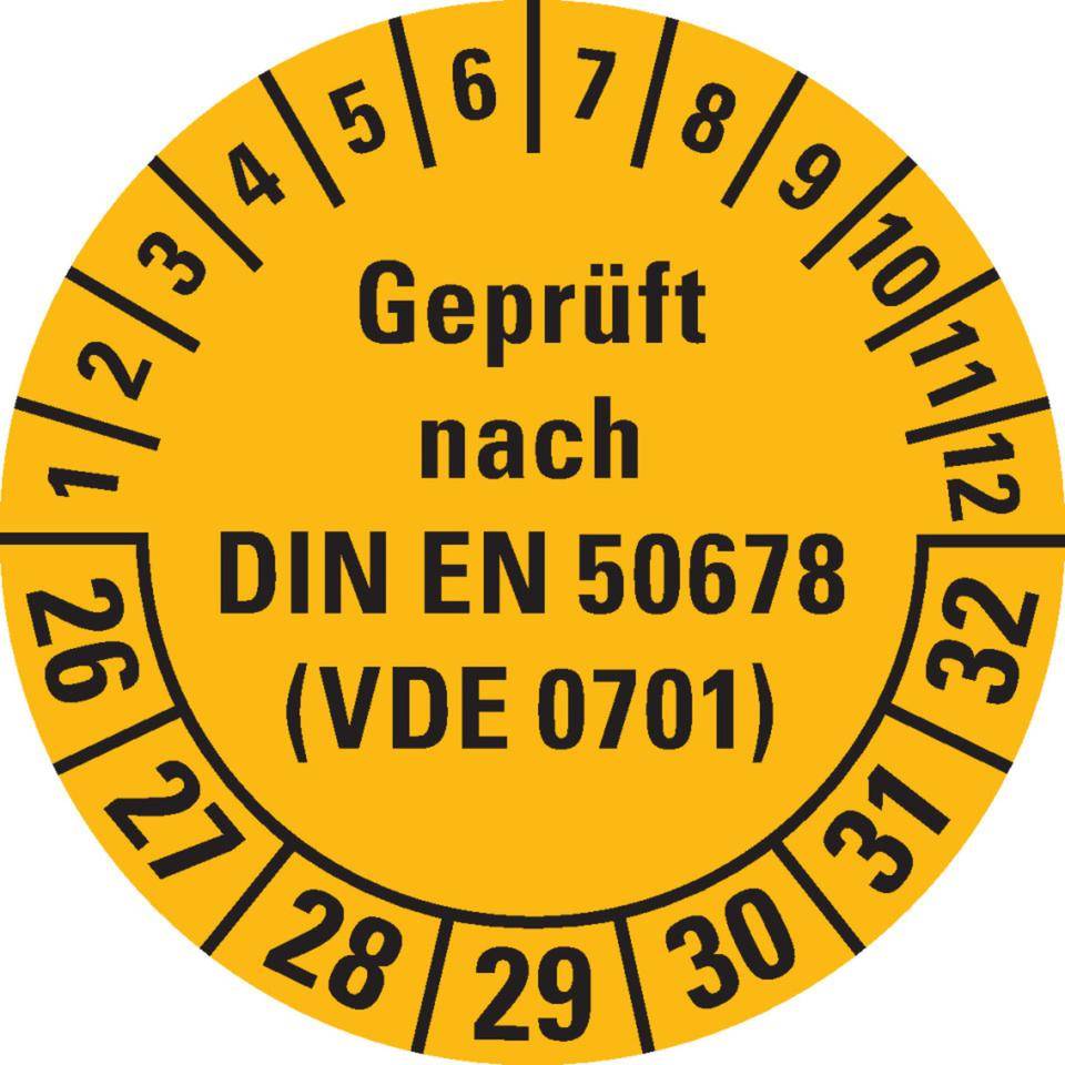 Prüfplakette geprüft nach DIN EN 50678(VDE 0701) 26-32, gelb, Dokumentenfolie, Ø 30mm, 18/Bogen