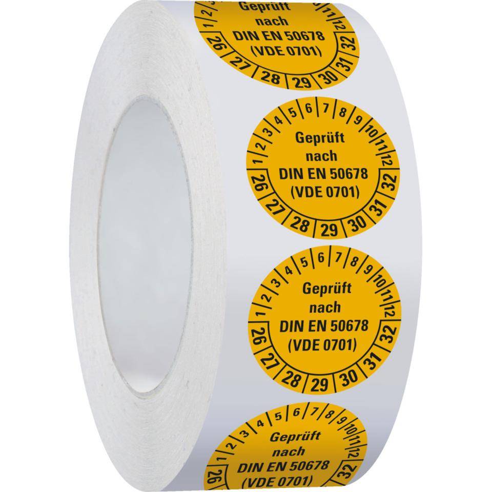Prüfplakette geprüft nach DIN EN 50678(VDE 0701) 26-32, gelb, Dokumentenfolie, Ø 30mm, 500/Rolle