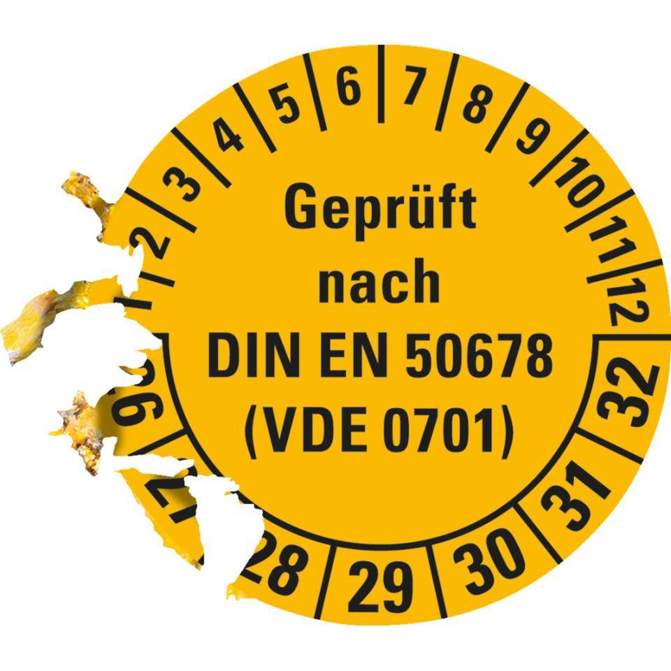 Prüfplakette geprüft nach DIN EN 50678(VDE 0701) 26-32, gelb, Dokumentenfolie, Ø 30mm, 18/Bogen