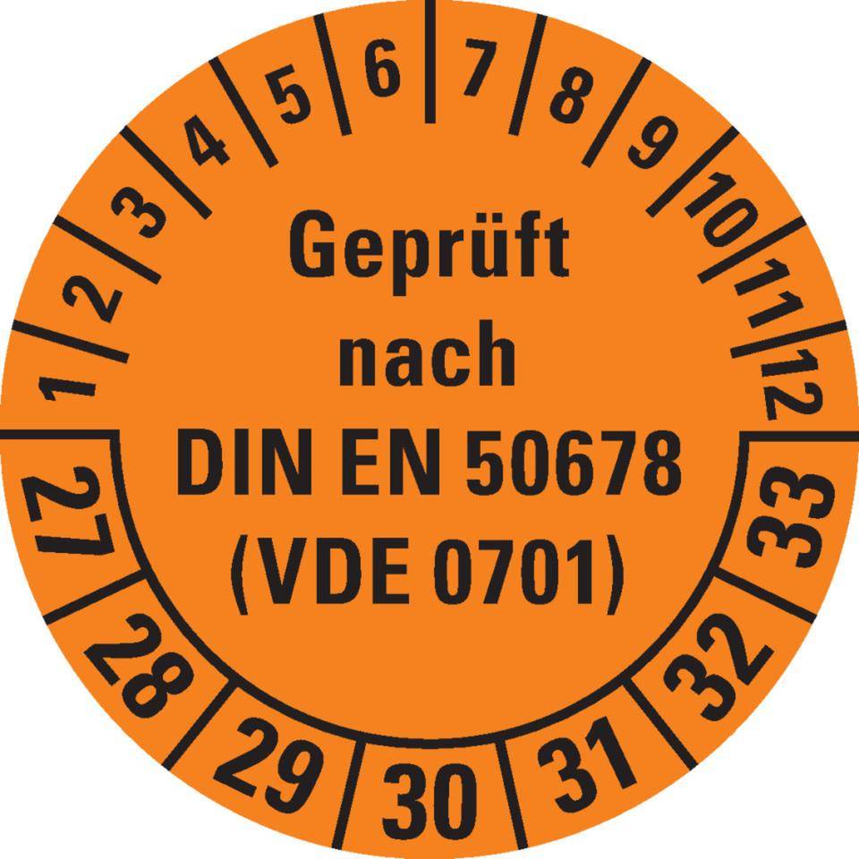 Prüfplakette geprüft nach DIN EN 50678(VDE 0701) 27-33, orange, Dokumentenfolie, Ø 30mm, 500/Rol