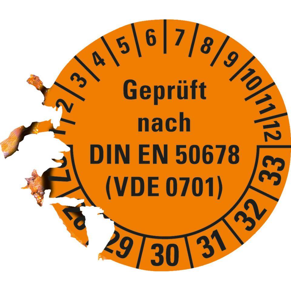 Prüfplakette geprüft nach DIN EN 50678(VDE 0701) 27-33, orange, Dokumentenfolie, Ø 30mm, 500/Rol