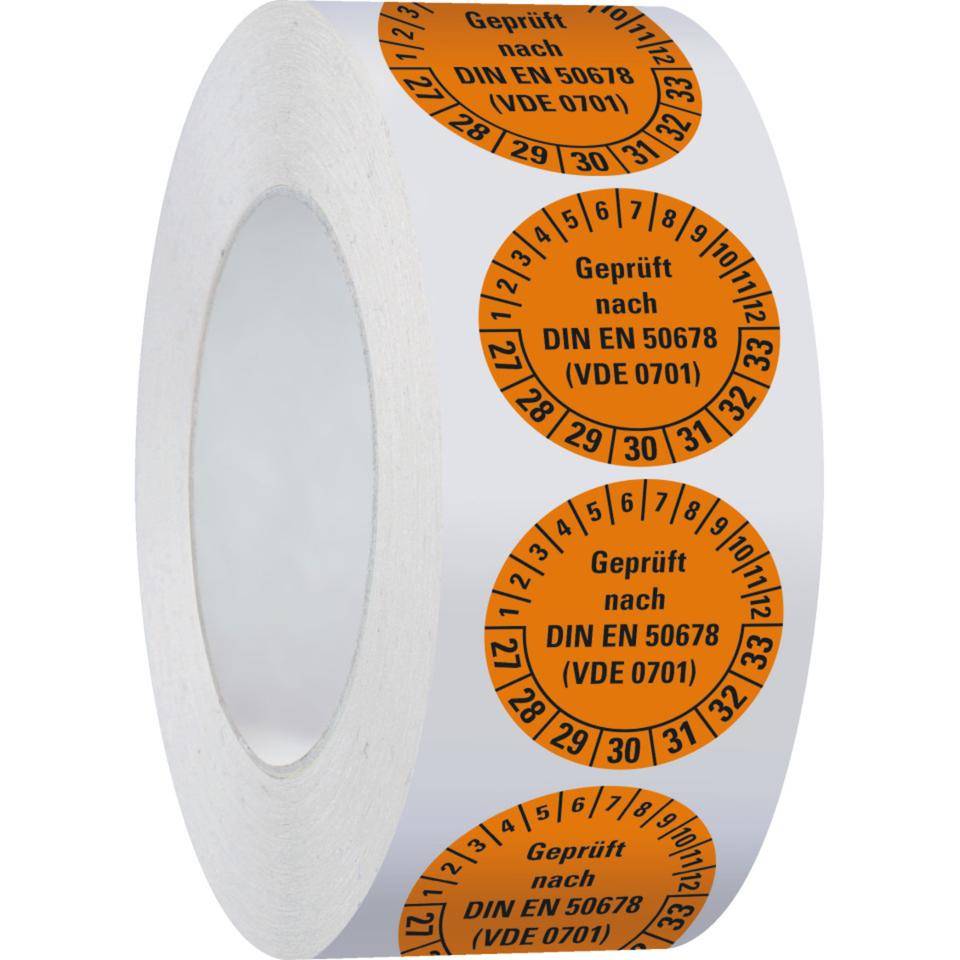 Prüfplakette geprüft nach DIN EN 50678(VDE 0701) 27-33, orange, Dokumentenfolie, Ø 30mm, 500/Rol