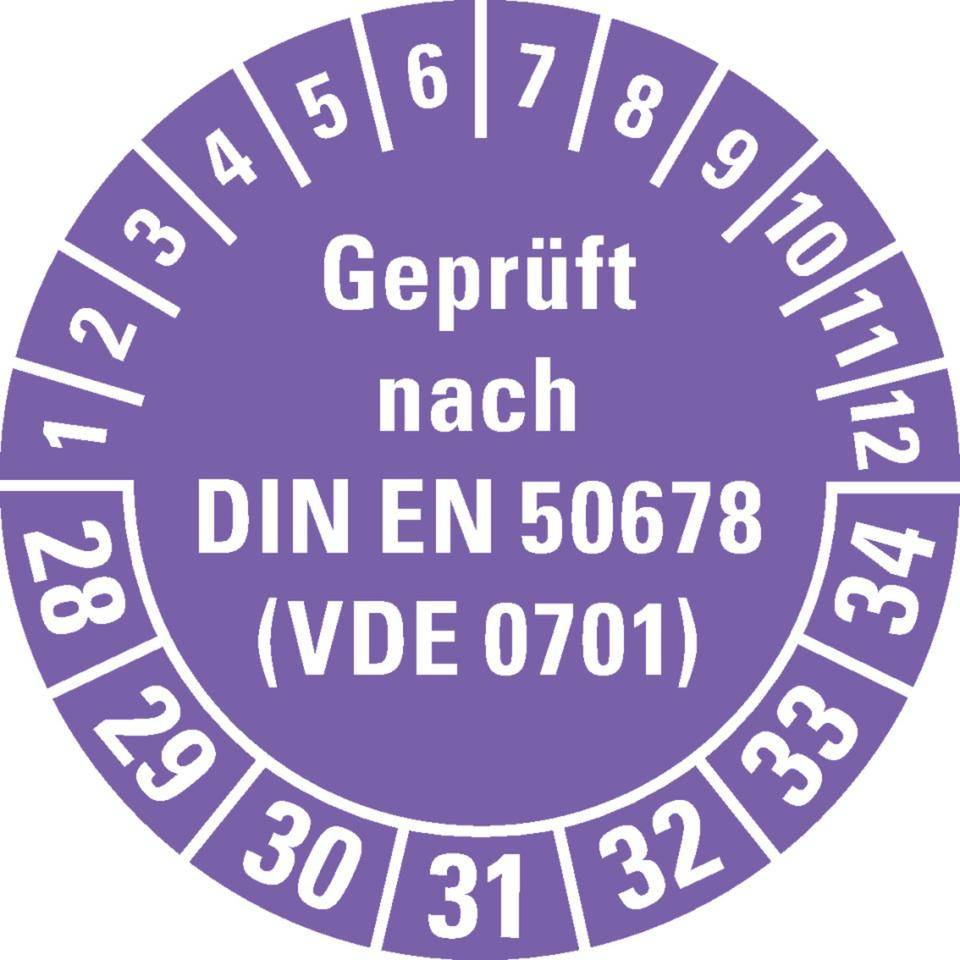Prüfplakette Geprüft nach DIN EN 50678 (VDE 0701) 28-34, violett, Dokumentenfolie, Ø30mm, 108/Heft