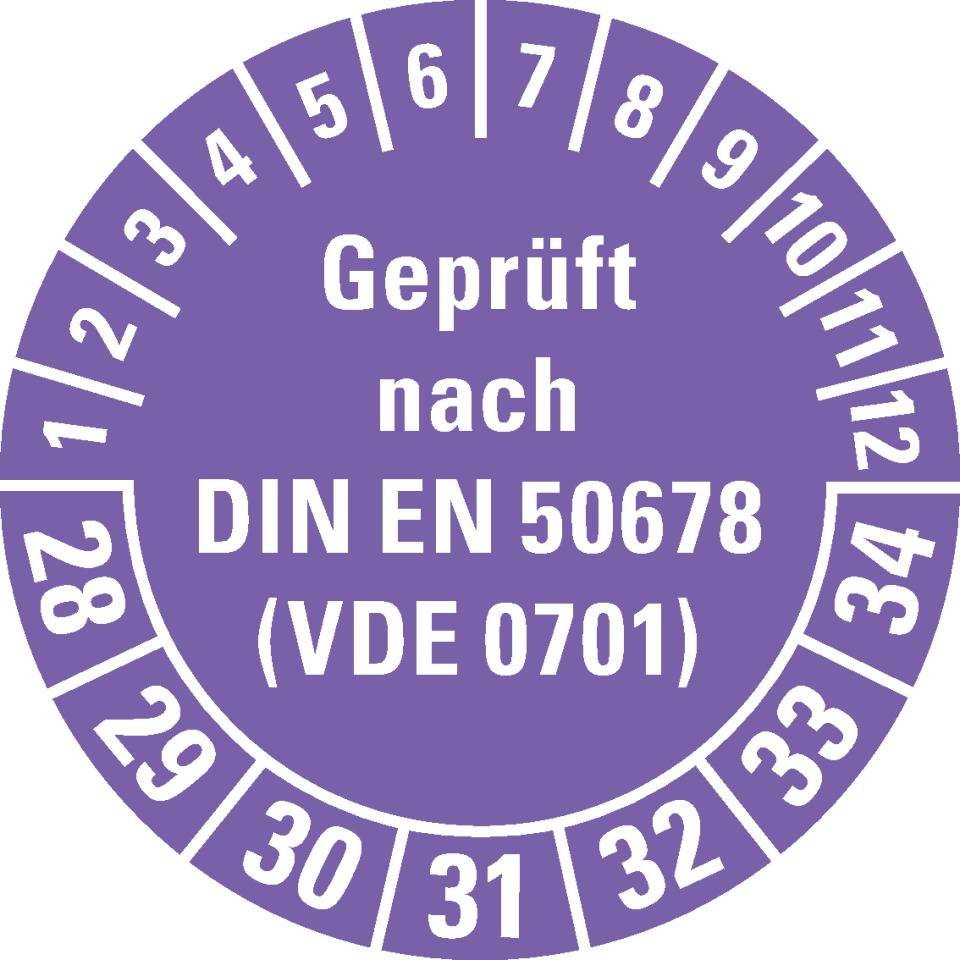 Prüfplakette Geprüft nach DIN EN 50678 (VDE 0701) 28-34, violett, Dokumentenfolie, Ø30mm, 18/Bogen