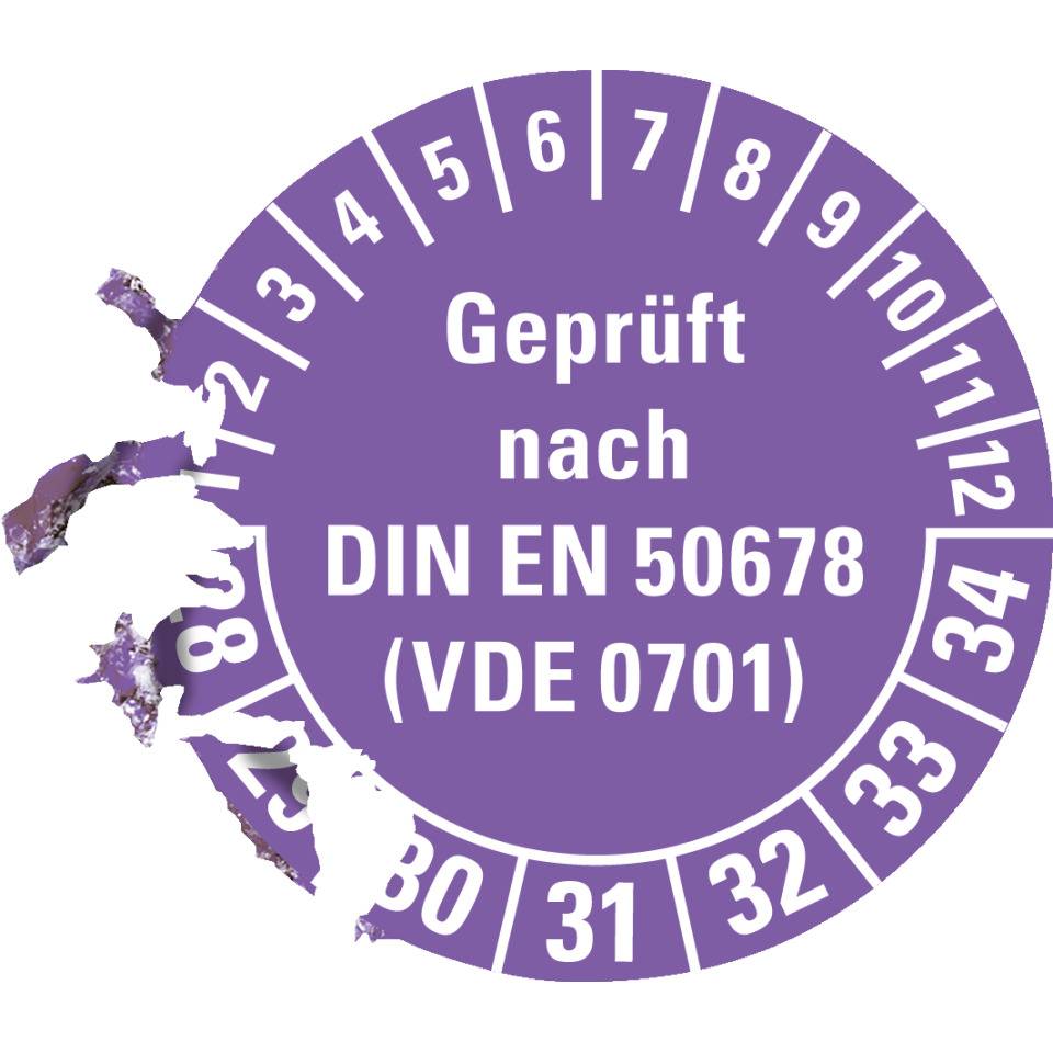 Prüfplakette Geprüft nach DIN EN 50678 (VDE 0701) 28-34, violett, Dokumentenfolie, Ø30mm, 18/Bogen