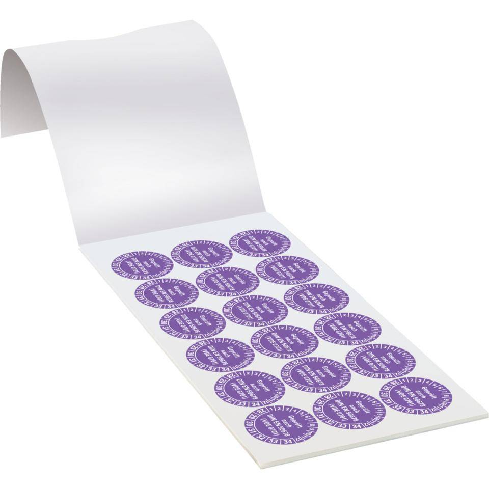 Prüfplakette Geprüft nach DIN EN 50678 (VDE 0701) 28-34, violett, Dokumentenfolie, Ø30mm, 108/Heft