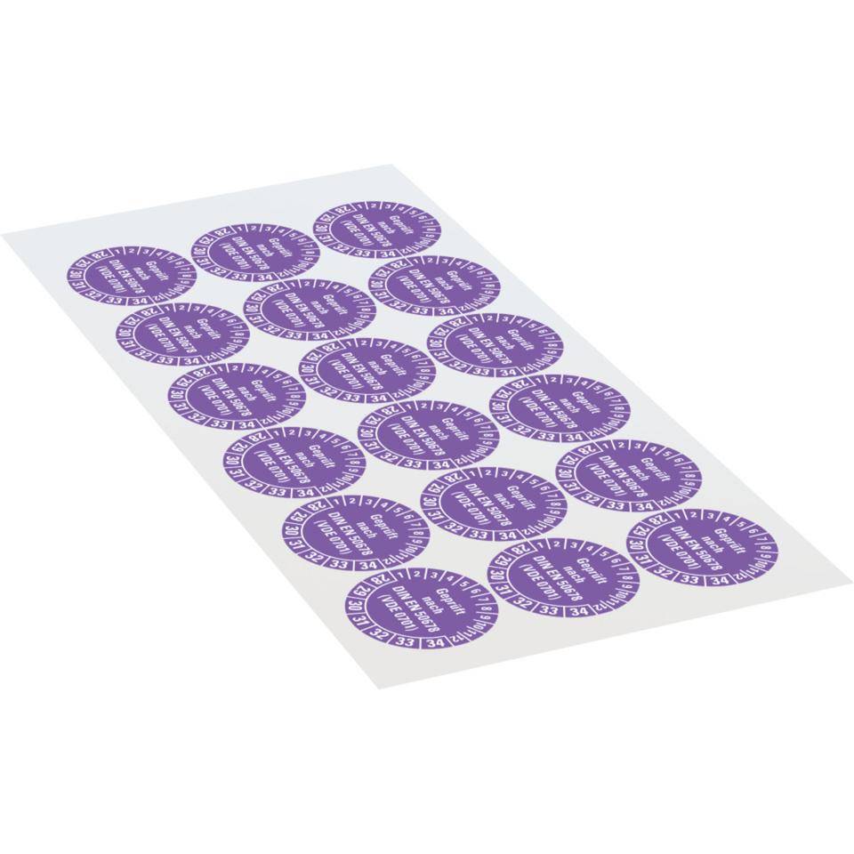 Prüfplakette Geprüft nach DIN EN 50678 (VDE 0701) 28-34, violett, Dokumentenfolie, Ø30mm, 18/Bogen