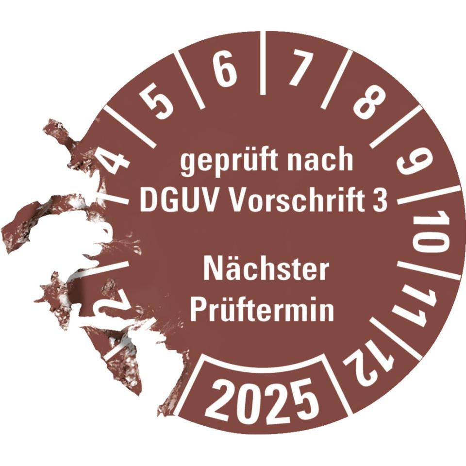 Prüfplakette geprüft nach DGUV Vorschrift 3 Nächster Prüftermin 2025, braun, Dokumentenfolie, Ø 25mm, 500/Rolle
