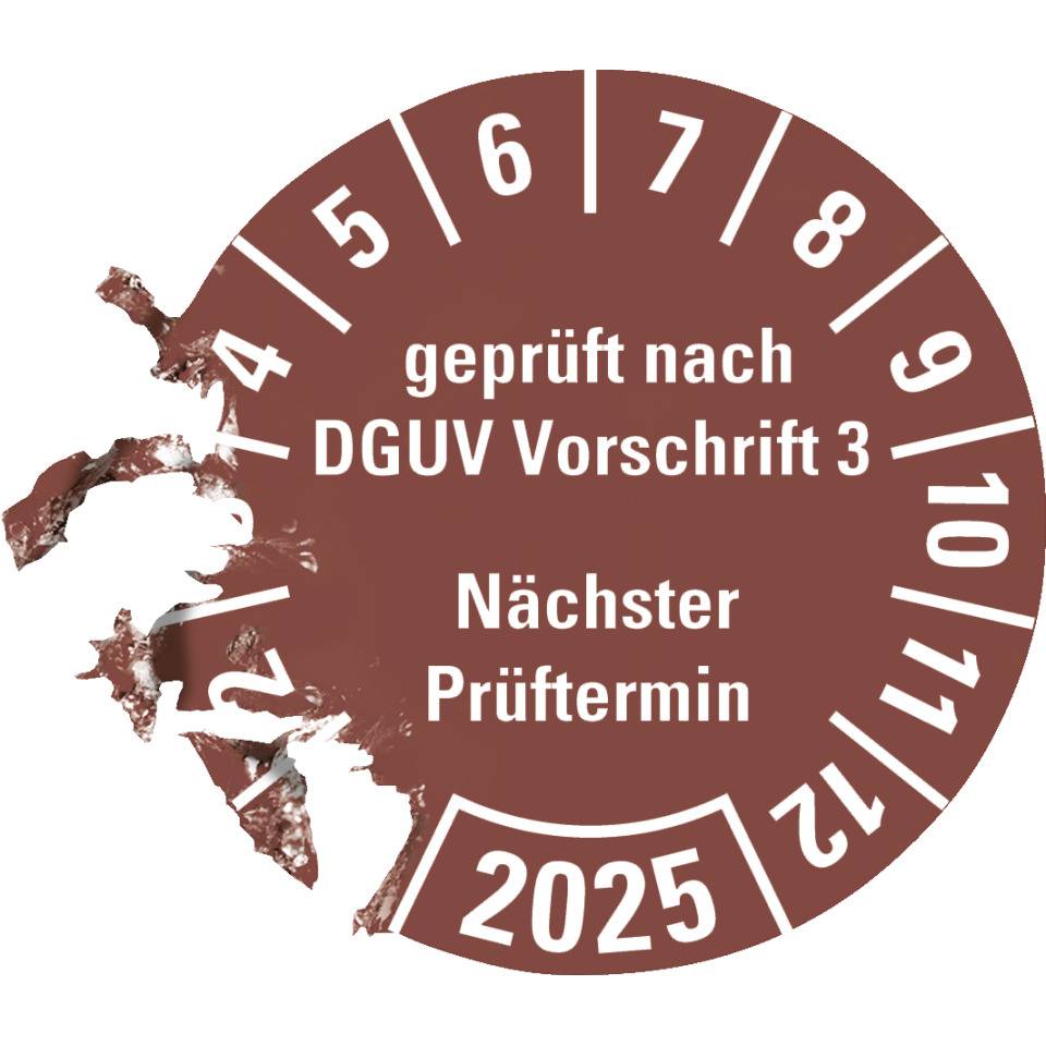 Prüfplakette geprüft nach DGUV Vorschrift 3 Nächster Prüftermin 2025, braun, Dokumentenfolie, Ø 25mm, 500/Rolle