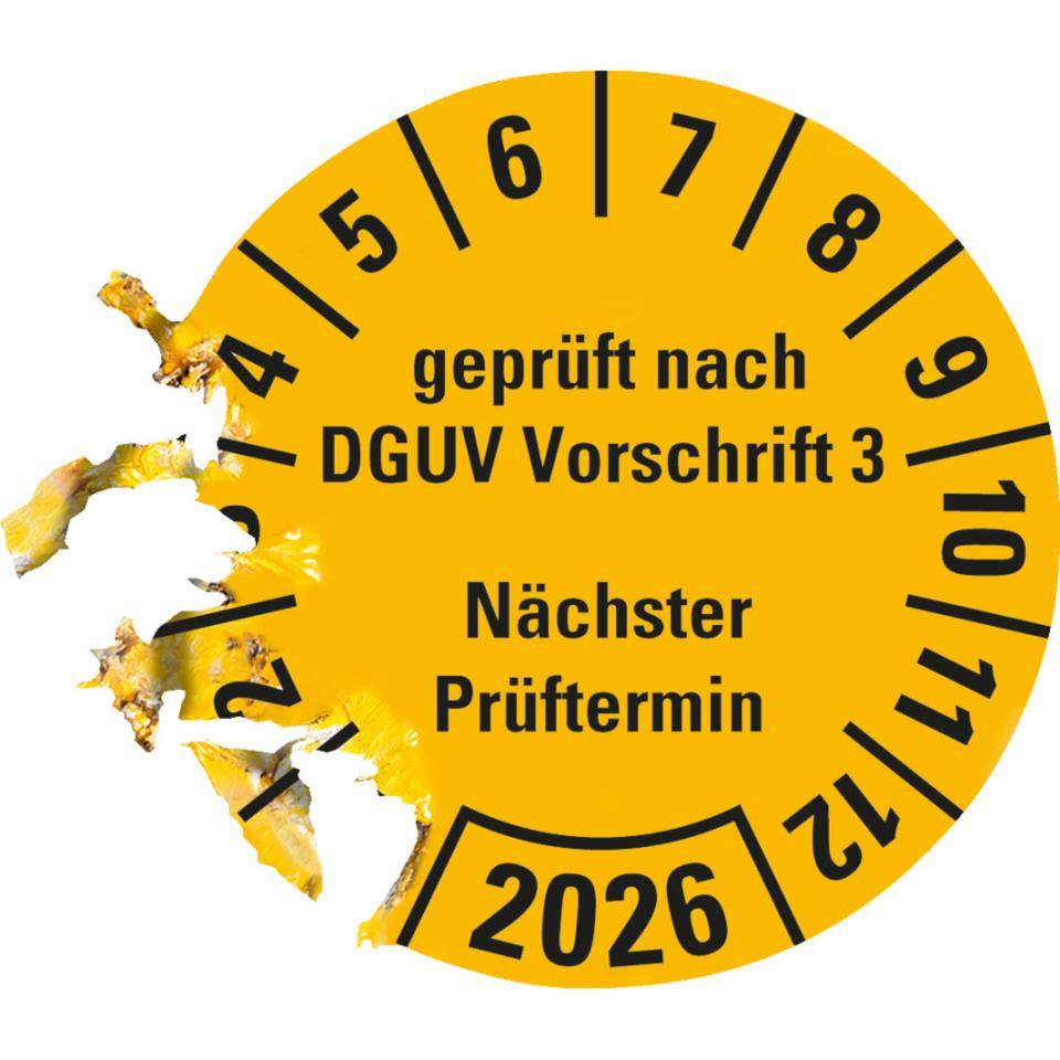 Prüfplakette geprüft nach DGUV Vorschrift 3 Nächster Prüftermin 2026, gelb, Dokumentenfolie, Ø 25mm, 500/Rolle