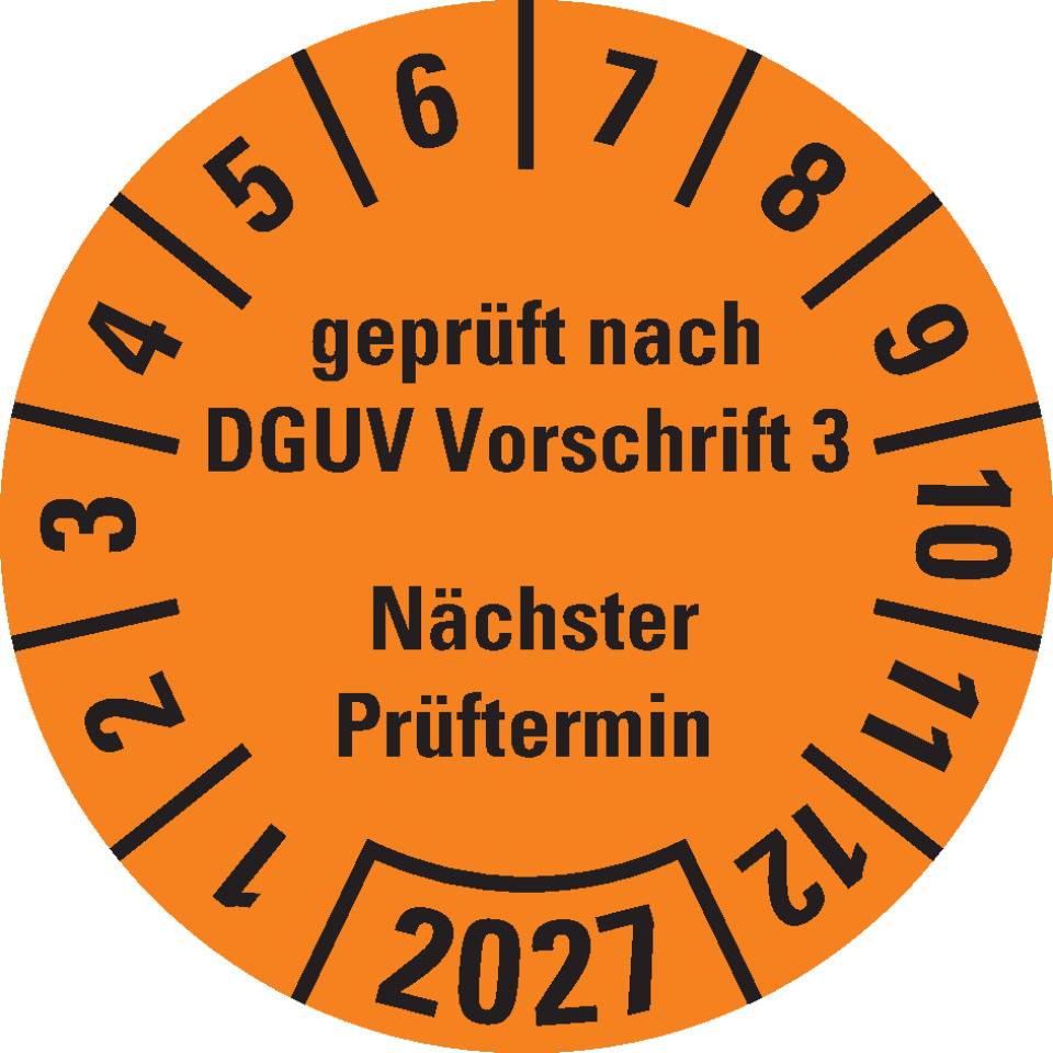 Prüfplakette geprüft nach DGUV Vorschrift 3 Nächster Prüftermin 2027, orange, Dokumentenfolie, Ø 25mm, 500/Rolle
