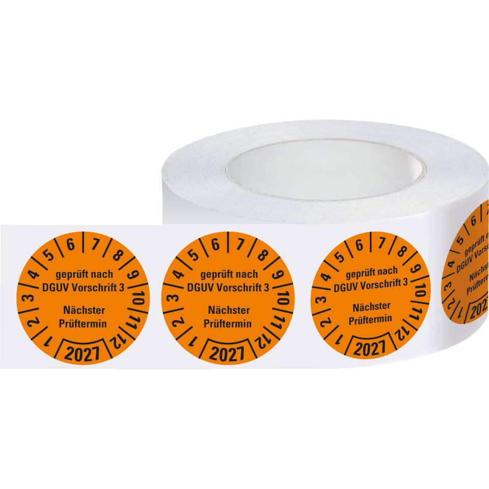 Prüfplakette geprüft nach DGUV Vorschrift 3 Nächster Prüftermin 2027, orange, Dokumentenfolie, Ø 25mm, 500/Rolle