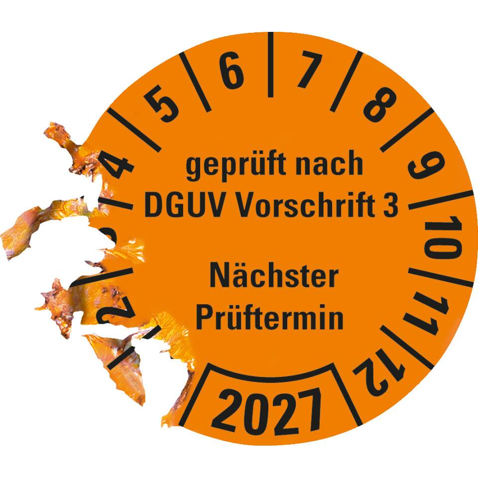 Prüfplakette geprüft nach DGUV Vorschrift 3 Nächster Prüftermin 2027, orange, Dokumentenfolie, Ø 25mm, 500/Rolle