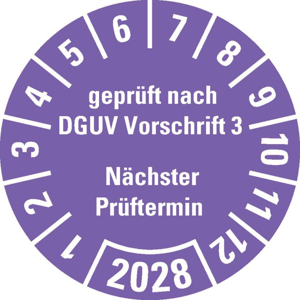 Prüfplakette geprüft nach DGUV Vorschrift 3 Nächster Prüftermin 2028, violett, Dokumentenfolie, Ø 25mm, 500/Rolle