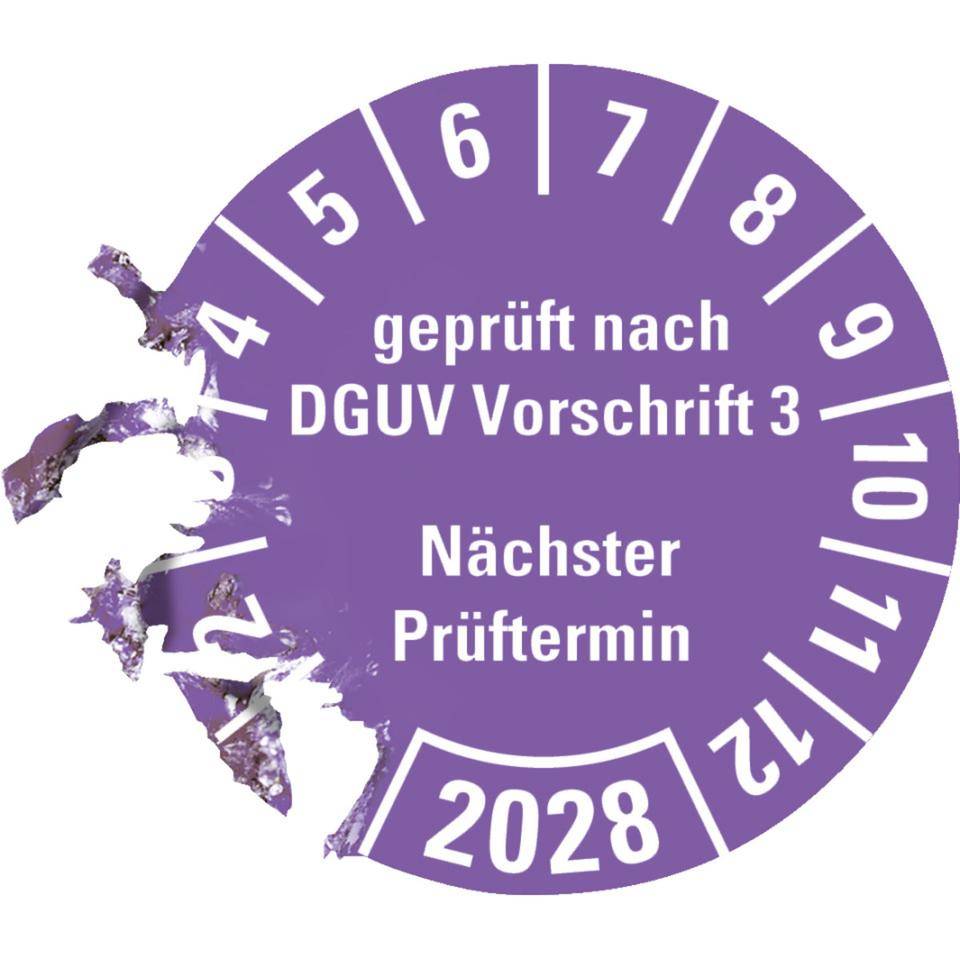 Prüfplakette geprüft nach DGUV Vorschrift 3 Nächster Prüftermin 2028, violett, Dokumentenfolie, Ø 25mm, 500/Rolle