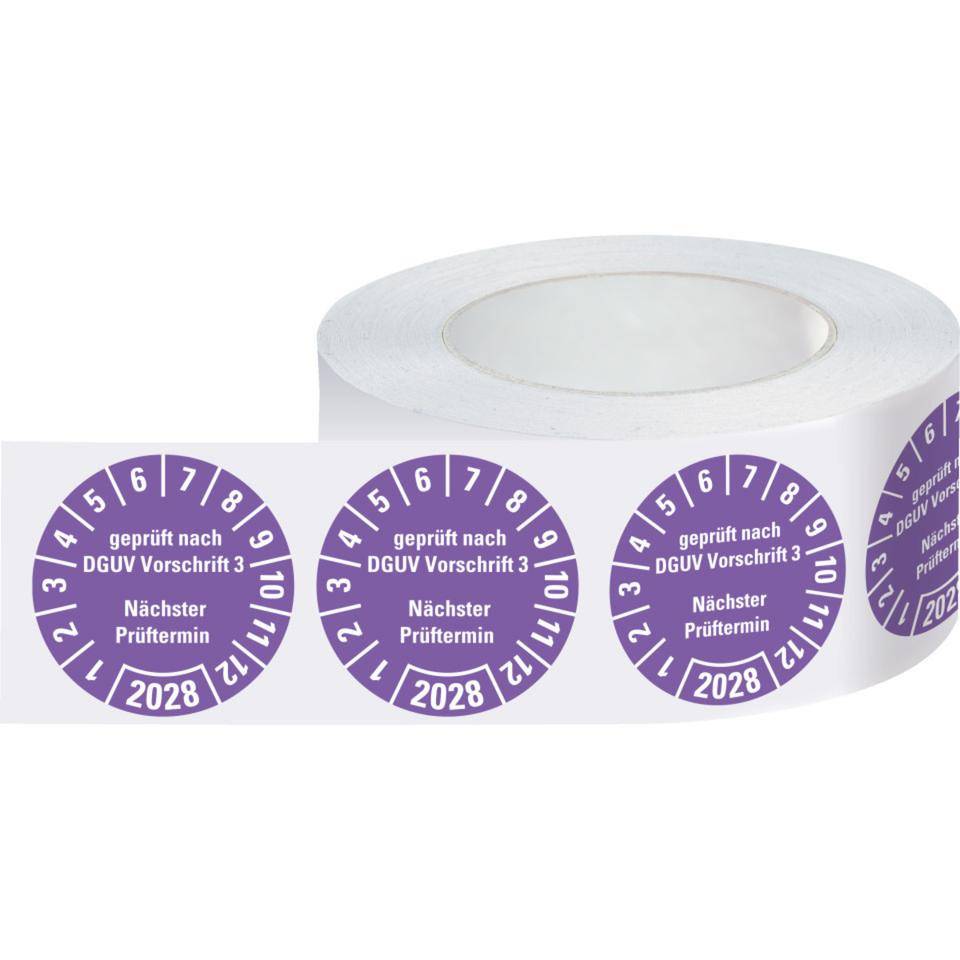 Prüfplakette geprüft nach DGUV Vorschrift 3 Nächster Prüftermin 2028, violett, Dokumentenfolie, Ø 25mm, 500/Rolle