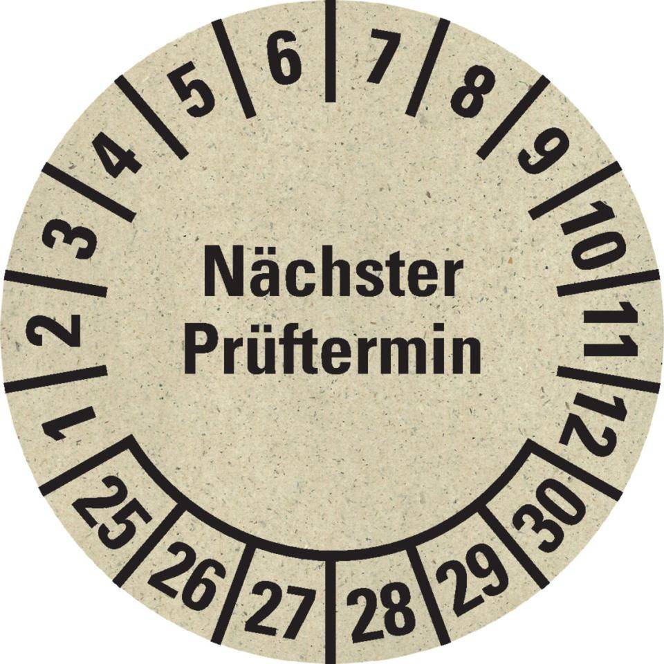 Prüfplakette Nächster Prüftermin 25-30,natur,Primärfaser-Graspapier,Ø30mm,18/BOG