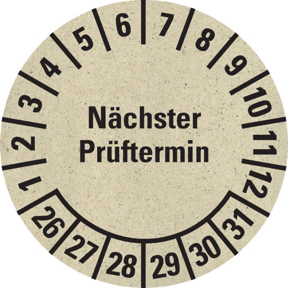 Prüfplakette Nächster Prüftermin 26-31,natur,Primärfaser-Graspapier,Ø30mm,18/BOG