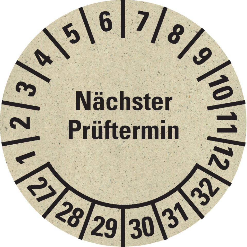 Prüfplakette Nächster Prüftermin 27-32,natur,Primärfaser-Graspapier,Ø30mm,18/BOG