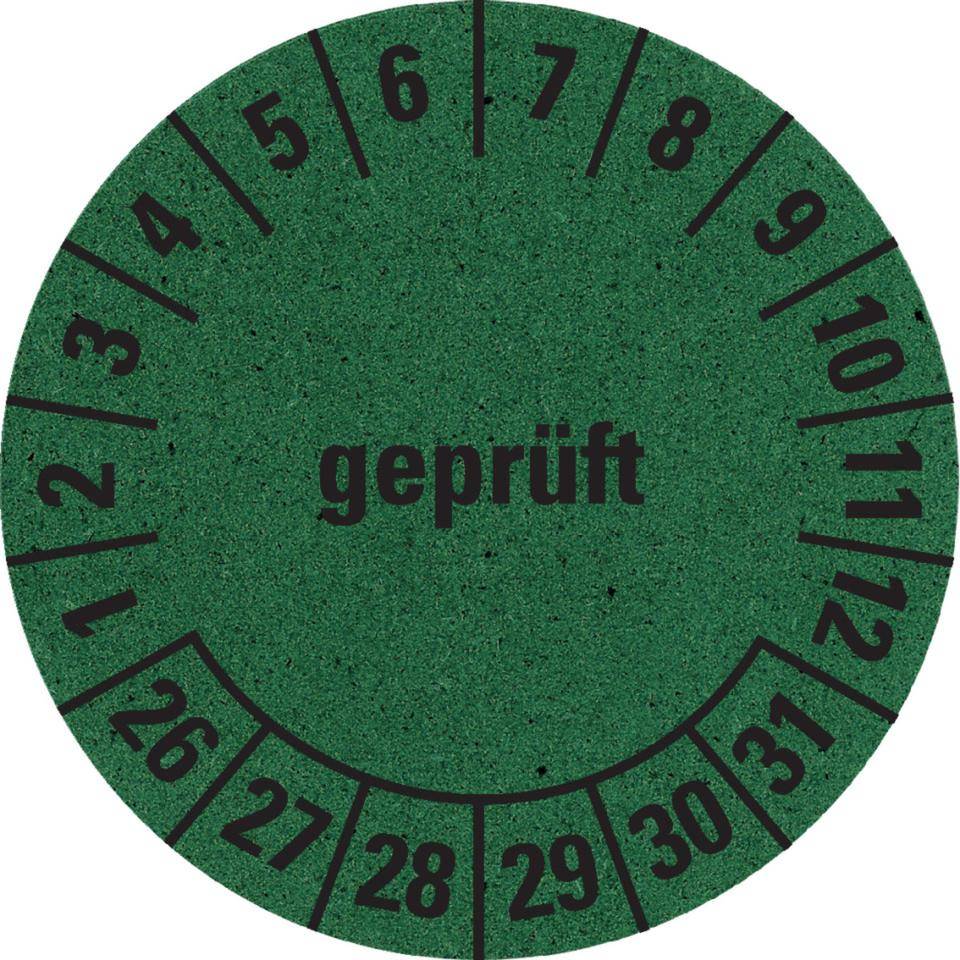 Prüfplakette geprüft 26-31, grün, Primärfaser-Graspapier, Ø 30mm, 500/Rolle