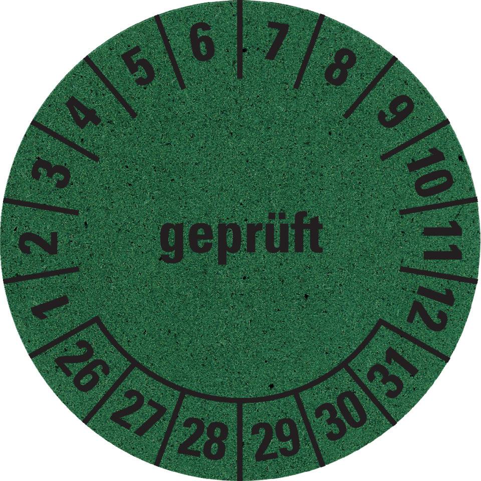 Prüfplakette geprüft 26-31, grün, Primärfaser-Graspapier, Ø 30mm, 18/Bogen