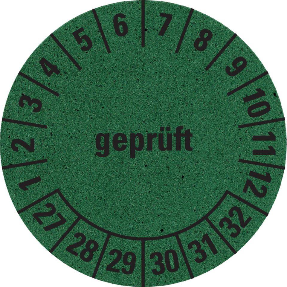 Prüfplakette geprüft 27-32, grün, Primärfaser-Graspapier, Ø 30mm, 18/Bogen