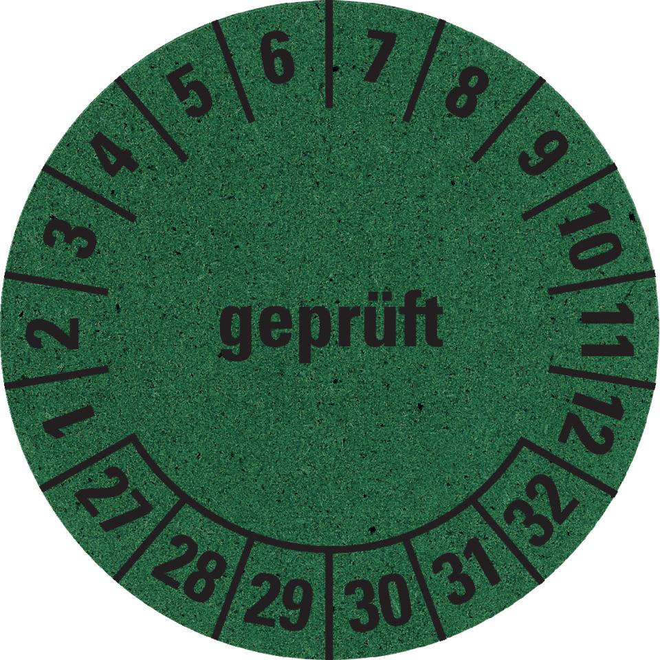 Prüfplakette geprüft 27-32, grün, Primärfaser-Graspapier, Ø 30mm, 18/Bogen