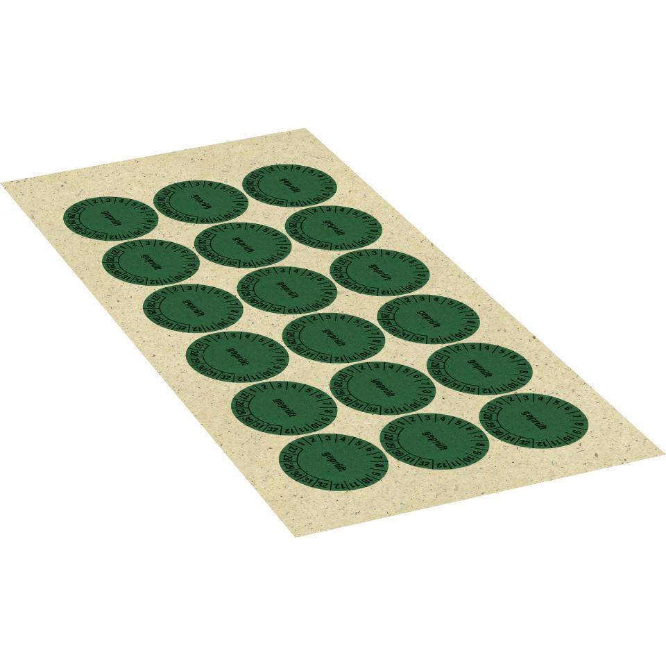 Prüfplakette geprüft 27-32, grün, Primärfaser-Graspapier, Ø 30mm, 18/Bogen