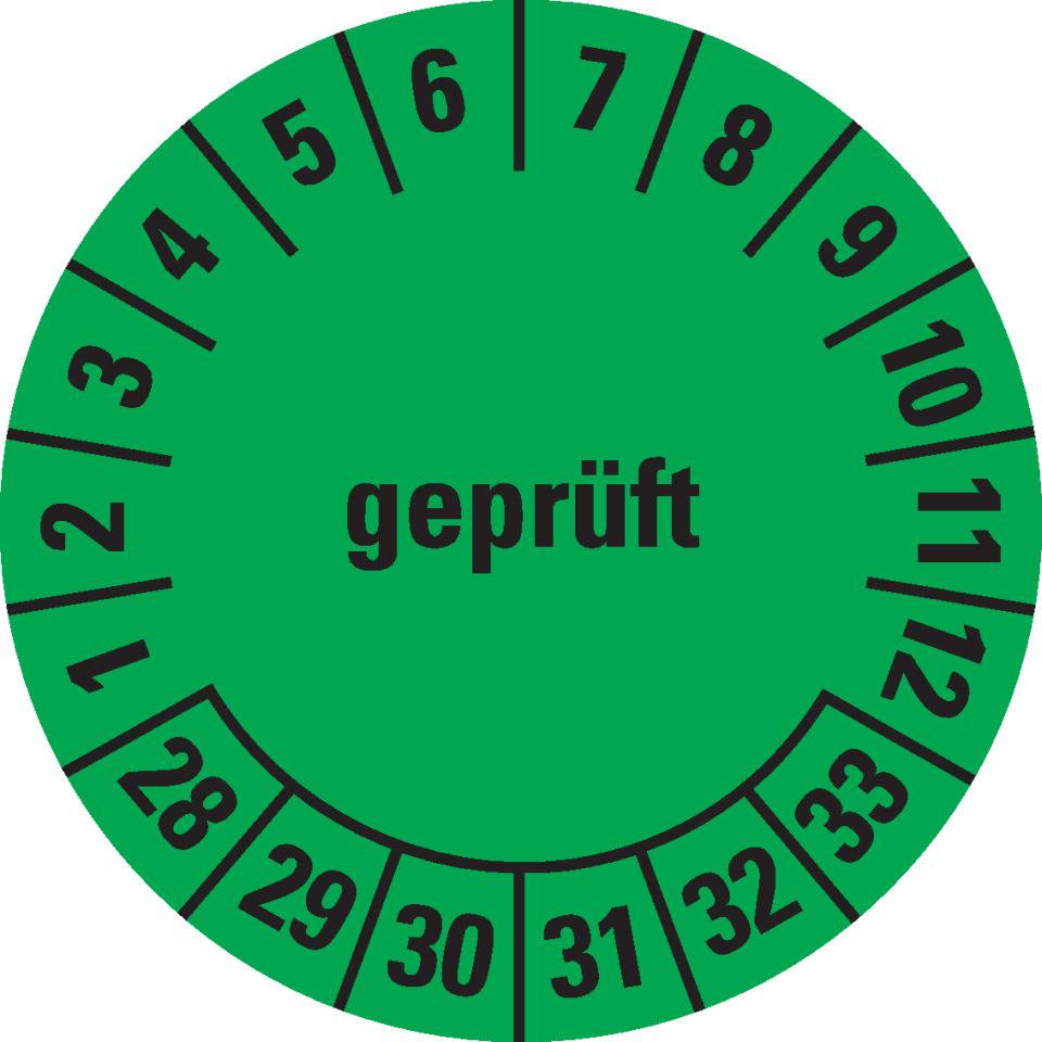 Prüfplakette geprüft 28-33, grün, Cellulose-Folie, selbstklebend, Ø 30mm, 18/Bogen