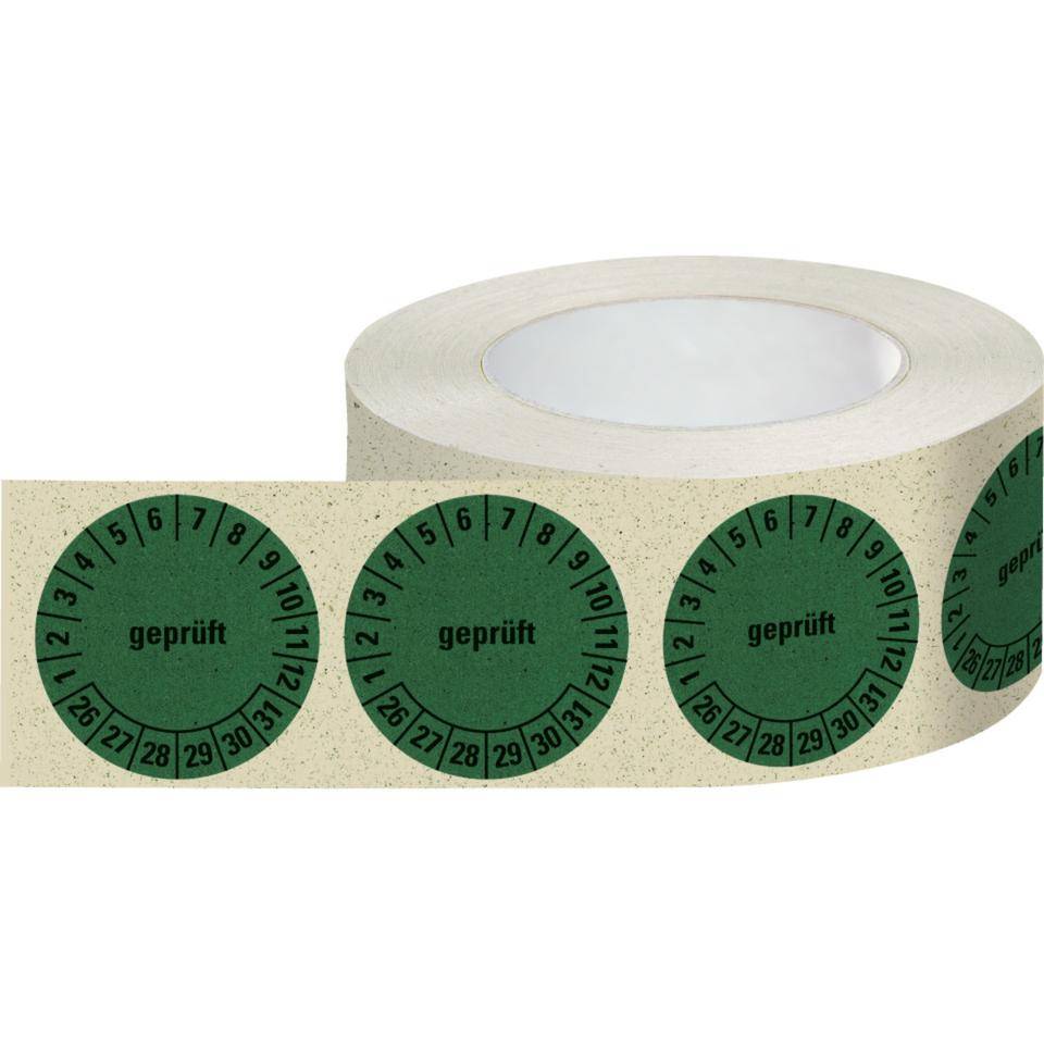 Prüfplakette geprüft 26-31, grün, Primärfaser-Graspapier, Ø 30mm, 500/Rolle