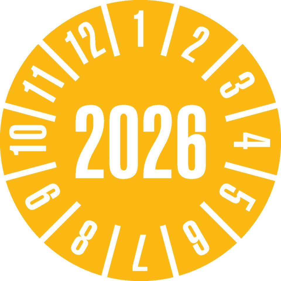 Prüfplakette 2026, gelb, Schachbrettfolie, selbstklebend, Ø 30mm, 18/Bogen