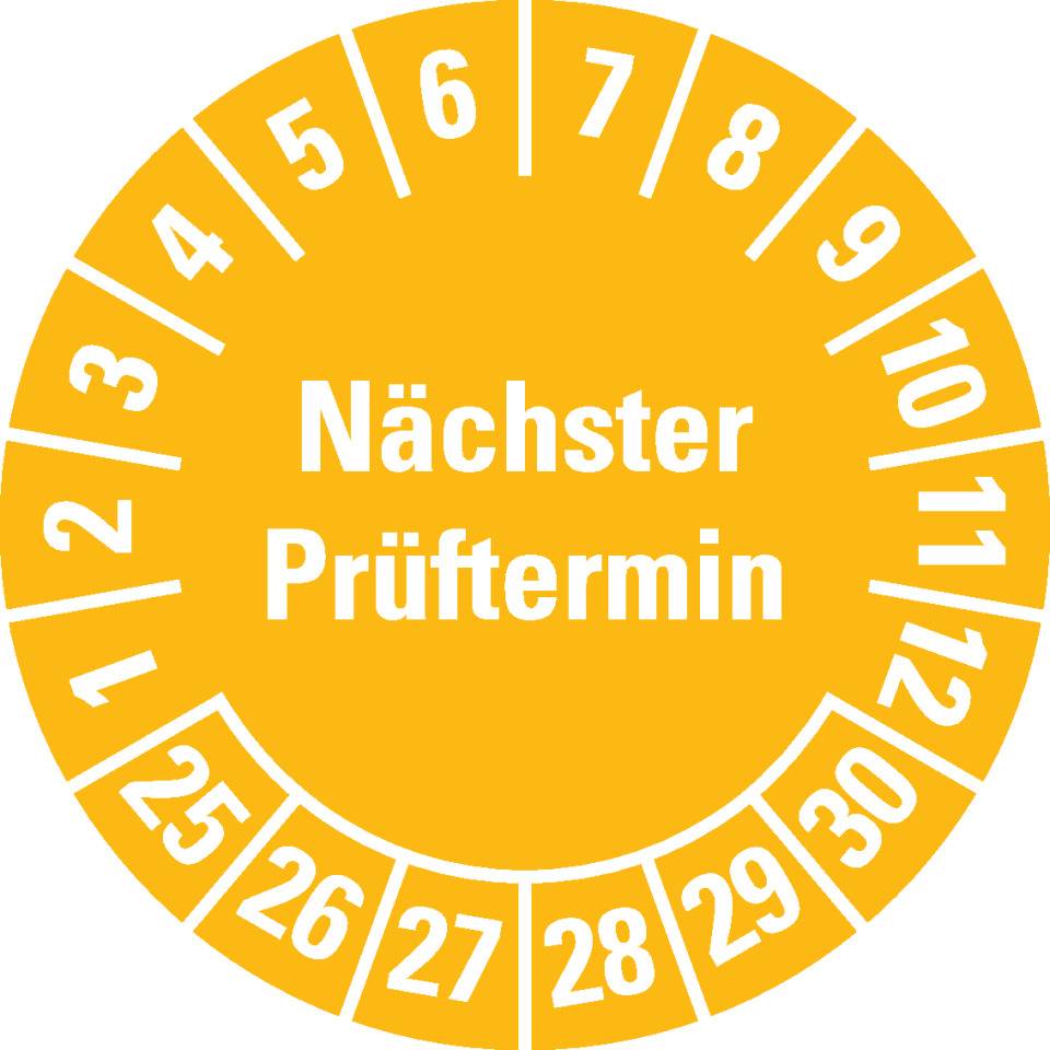 Prüfplakette Nächster Prüftermin 25-30, gelb, Schachbrettfolie, Ø 30mm, 18/Bogen