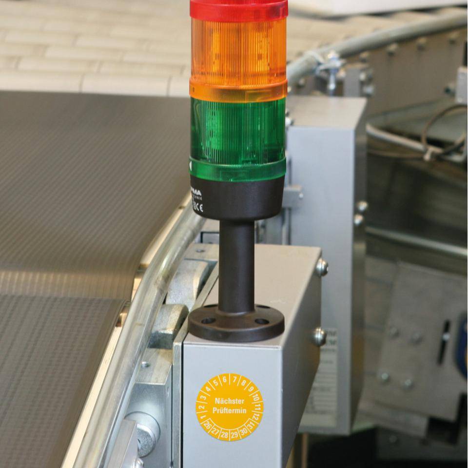 Prüfplakette Nächster Prüftermin 26-31, gelb, Schachbrettfolie, Ø 30mm, 18/Bogen