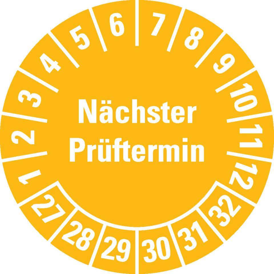 Prüfplakette Nächster Prüftermin 27-32, gelb, Schachbrettfolie, Ø 30mm, 18/Bogen