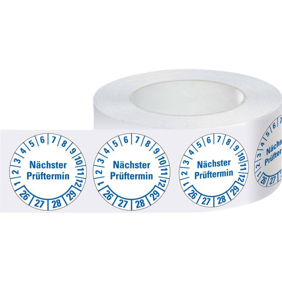 Prüfplakette Nächster Prüftermin 26-29, weiß, Folie, Spezialkleber, Ø 25mm, 500/Rolle