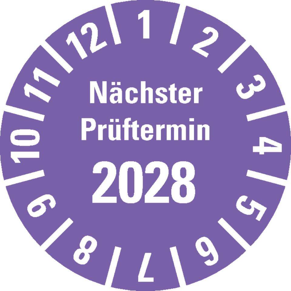 Prüfplakette Nächster Prüftermin 2028, violett, Polyesterfolie, Spez.Ø20mm, 36/Bogen
