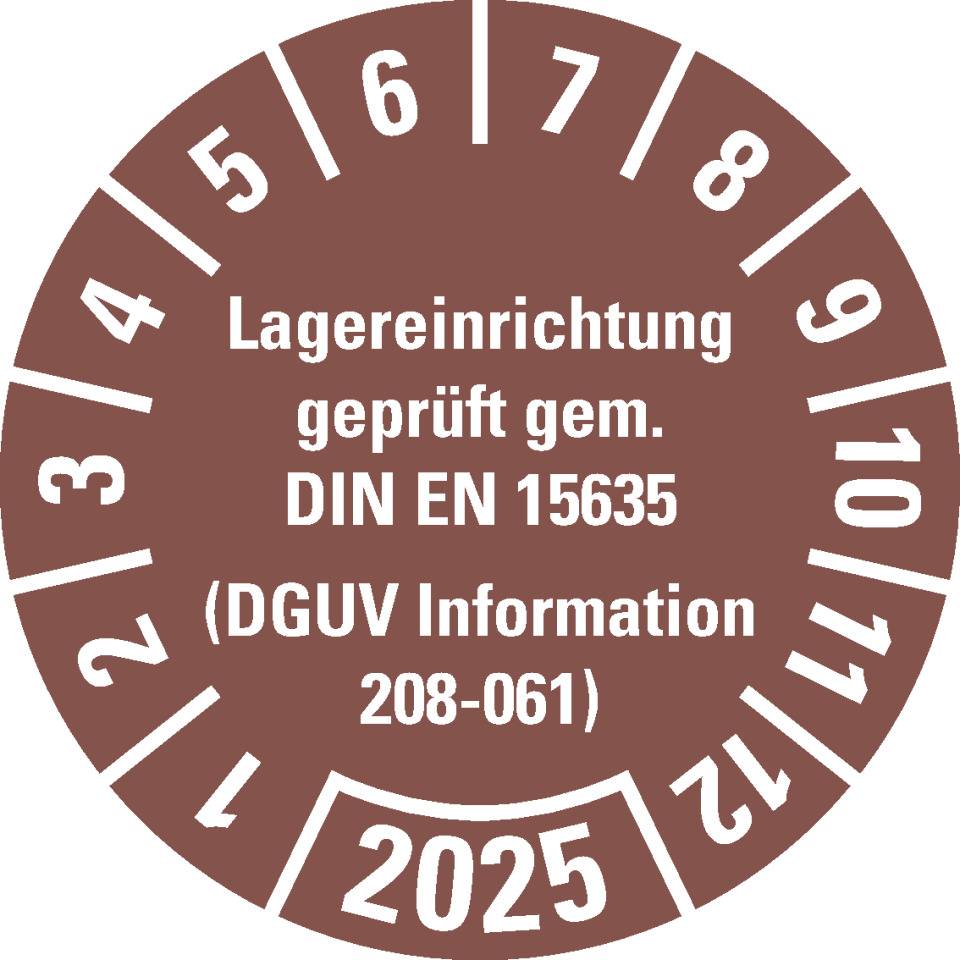 Prüfplakette Lagereinrichtung, DGUV Info.208-061, 2025, braun, Dokumentenfolie, Ø30mm, 18/BO