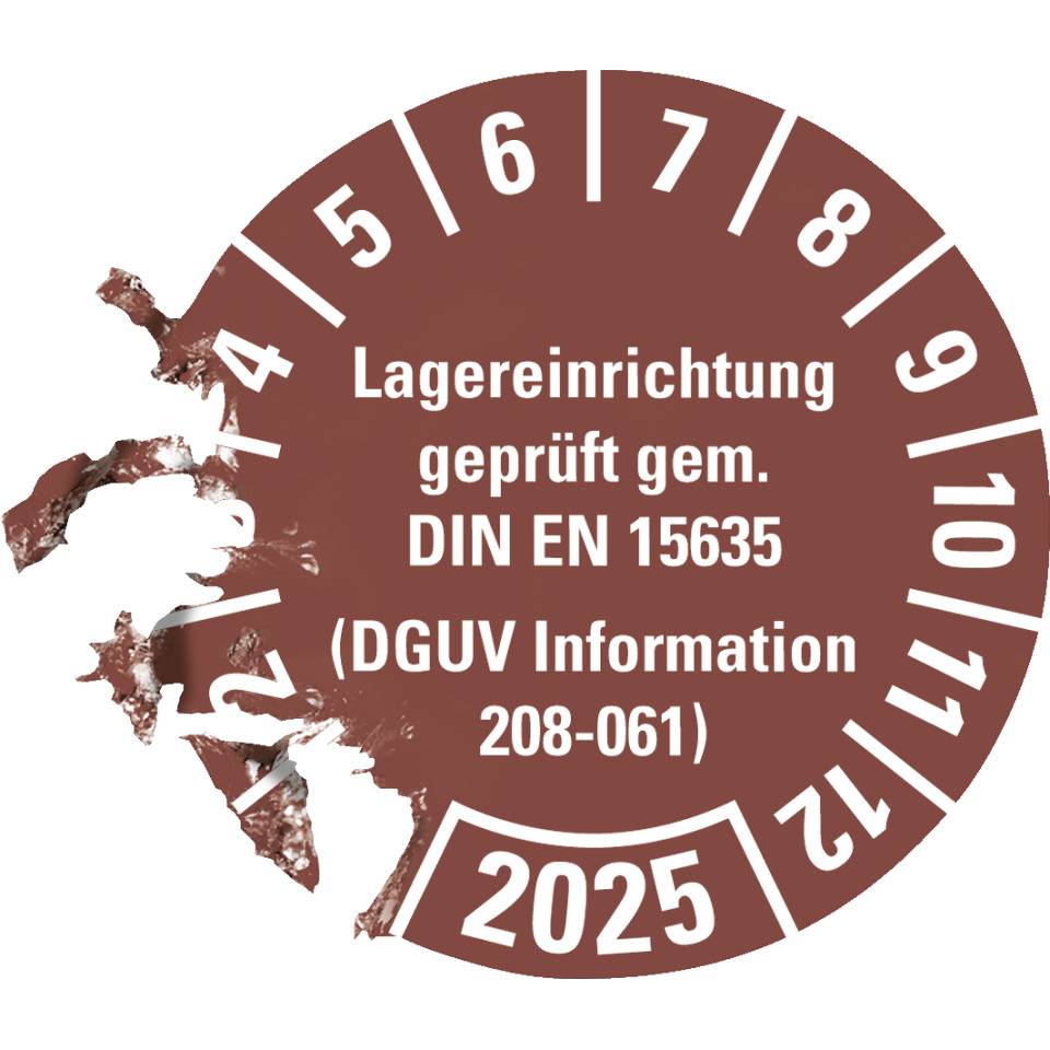 Prüfplakette Lagereinrichtung, DGUV Info.208-061, 2025, braun, Dokumentenfolie, Ø30mm, 18/BO