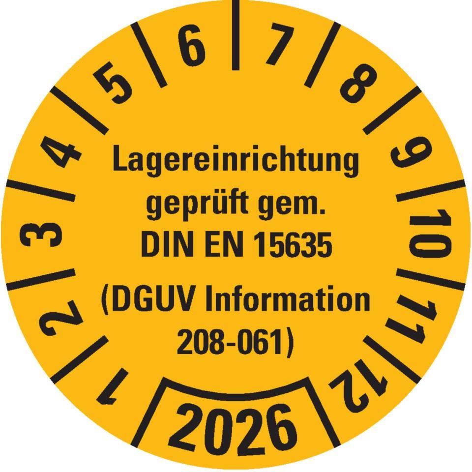 Prüfplakette Lagereinrichtung, DGUV Info.208-061, 2026, gelb, Dokumentenfolie, Ø30mm, 18/BOG