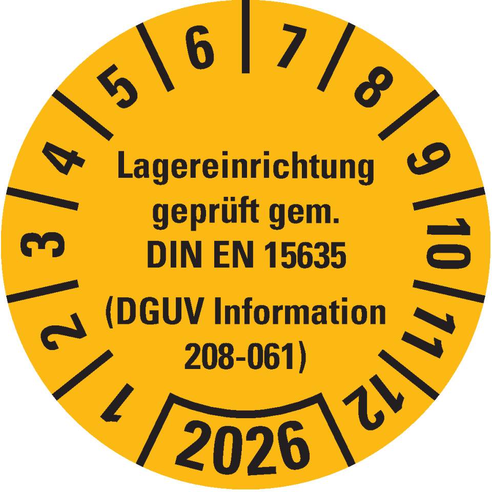 Prüfplakette Lagereinrichtung, DGUV Info.208-061, 2026, gelb, Dokumentenfolie, Ø30mm, 18/BOG