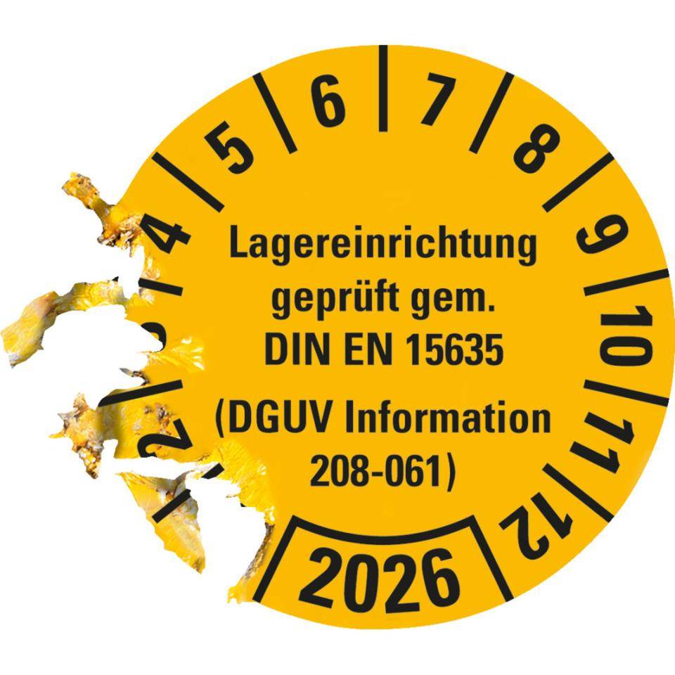 Prüfplakette Lagereinrichtung, DGUV Info.208-061, 2026, gelb, Dokumentenfolie, Ø30mm, 18/BOG